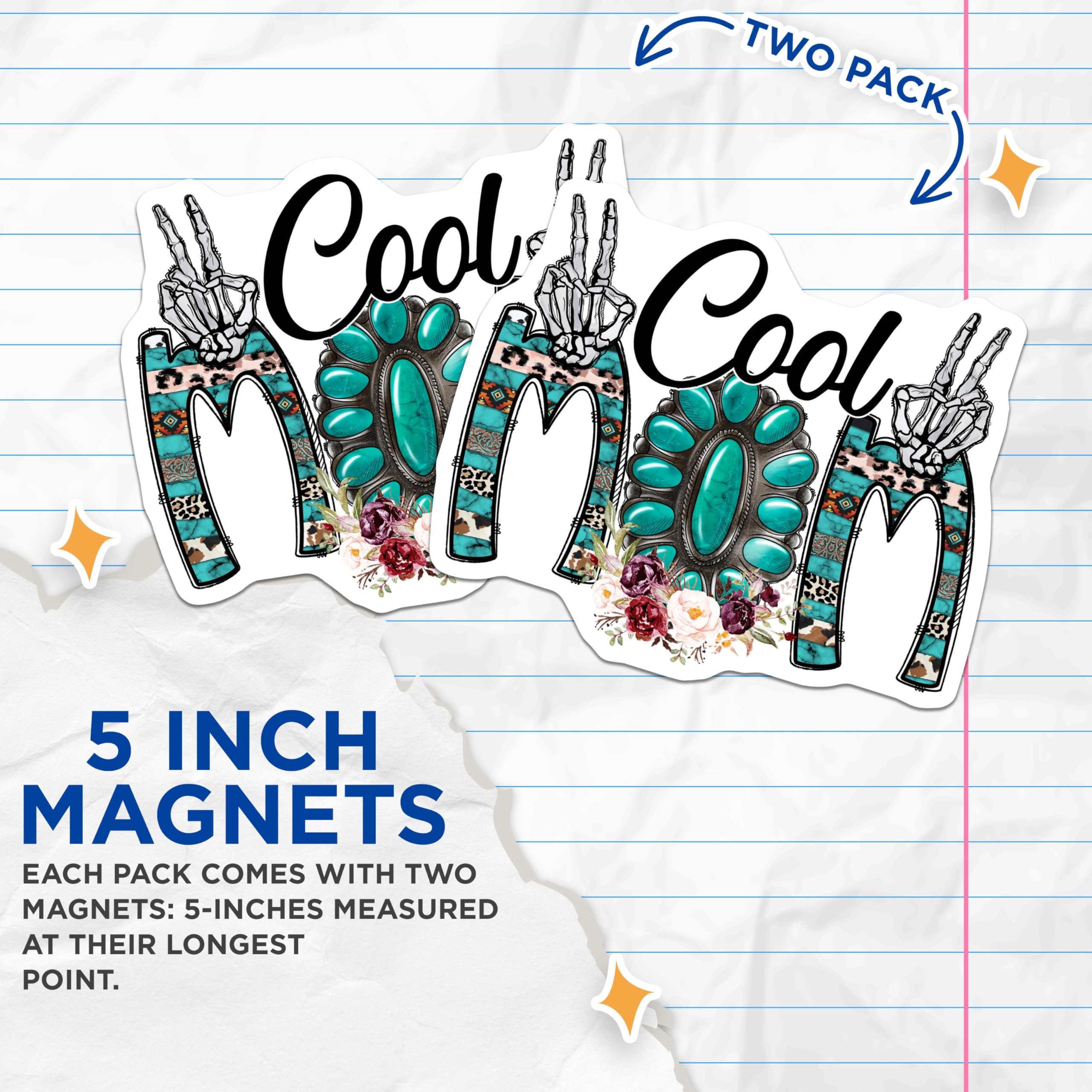 (2 Pack) Cool Mom Magnets - Western Boho Decor - Turquoise Concho Leopard Cow Print Skeleton Hands - 5 Inches On Longest Side - Thick Durable Magnet - Made in USA - MAG23636