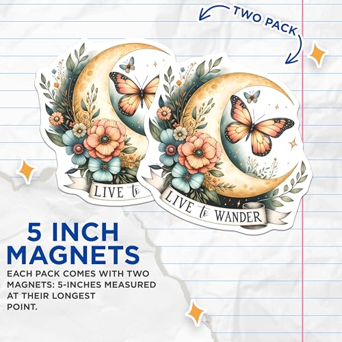 (2 Pack) Floral Moon Butterfly Decor Magnet - 5" On Longest Side - Sticks to Smooth Flat Surfaces - Made in USA - MAG9728