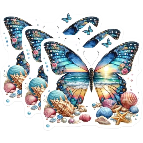 (3 Pack) Butterfly Beach Decals - Ocean Sunset Stickers - Laptop Decal - Decorative Stickers- 3 Inches On Longest Side - Easy Peel & Apply - Made in USA - 3MCS5184