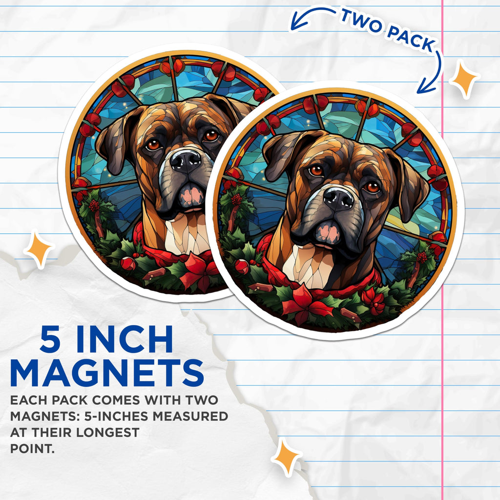 (2 Pack) Stained Glass Art Boxer Dog Magnets - Christmas Holiday Home Decor - Festive Animal Refrigerator Decor - 5 Inches On Longest Side - Thick Durable Magnet - Made in USA - MAG24495