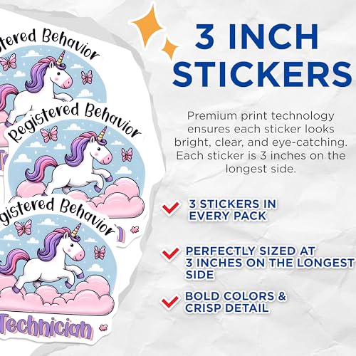(3 Pack) Registered Behavior Technician Decals - Unicorn RBT - Therapist Sticker - 3 Inches On Longest Side - Easy Peel & Apply - Made in USA - 3MCS1947