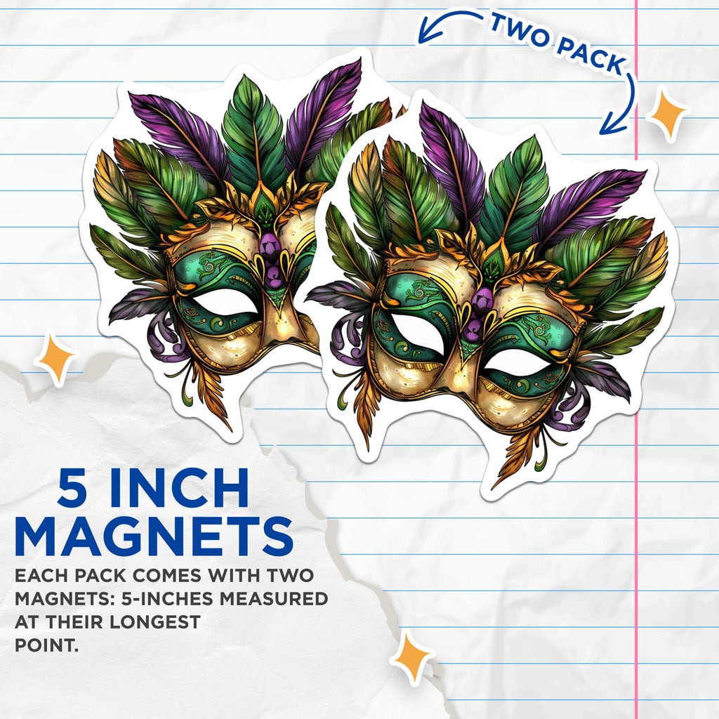 (2 Pack) Mardi Gras Mask Magnets - Venetian Carnival Festive Art - Purple Green Gold Decor New Orleans Theme - 5 Inches On Longest Side - Thick Durable Magnet - Made in USA - MAG38666