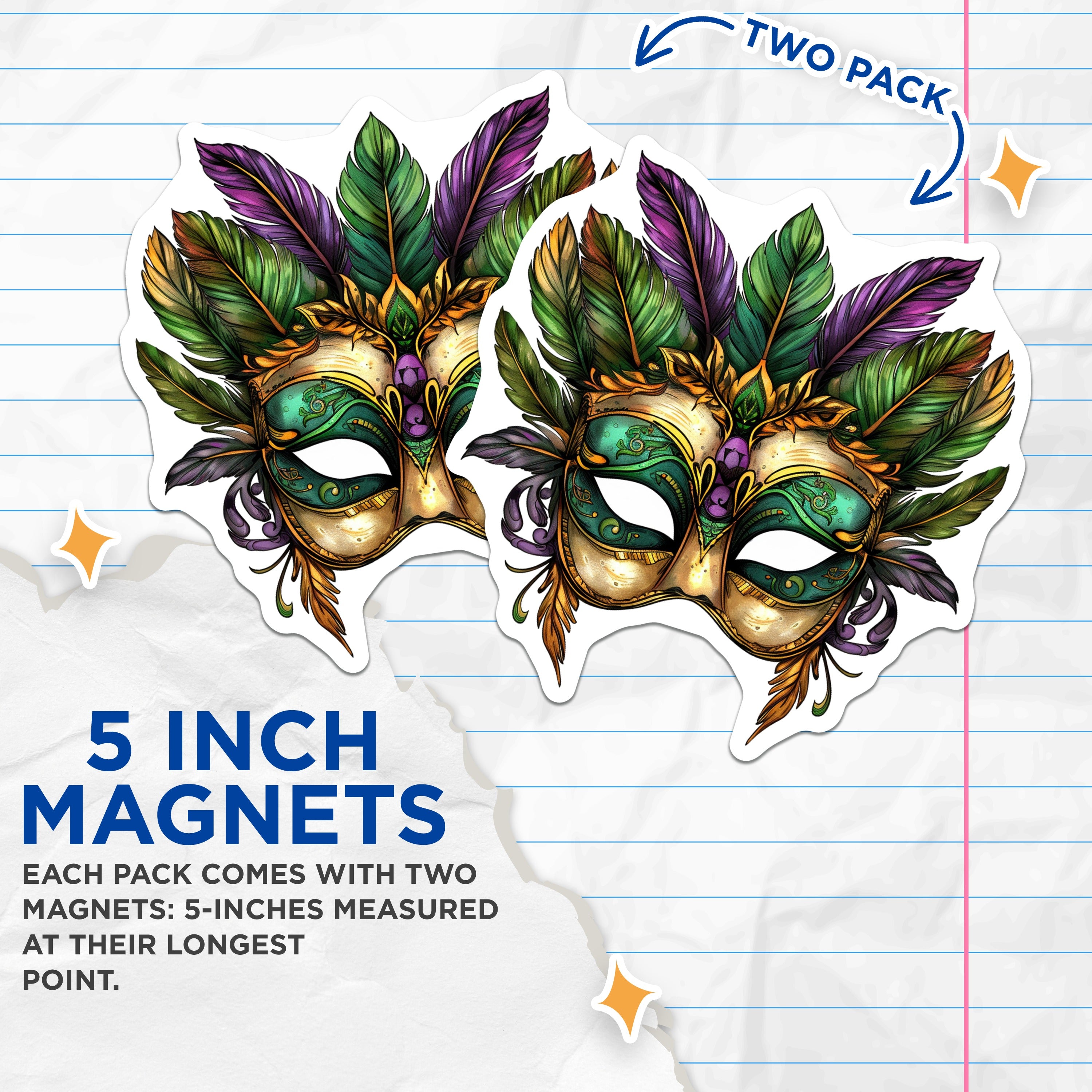(2 Pack) Mardi Gras Mask Magnets - Venetian Carnival Festive Art - Purple Green Gold Decor New Orleans Theme - 5 Inches On Longest Side - Thick Durable Magnet - Made in USA - MAG38666