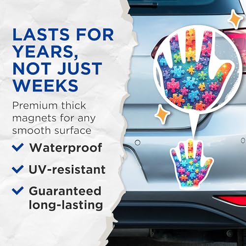 (2 Pack) Puzzle Piece Handprint Magnets - Colorful Autism Awareness - 5" On Longest Side - for Cars, Fridges, Toolboxes - Made in USA - MAG7891