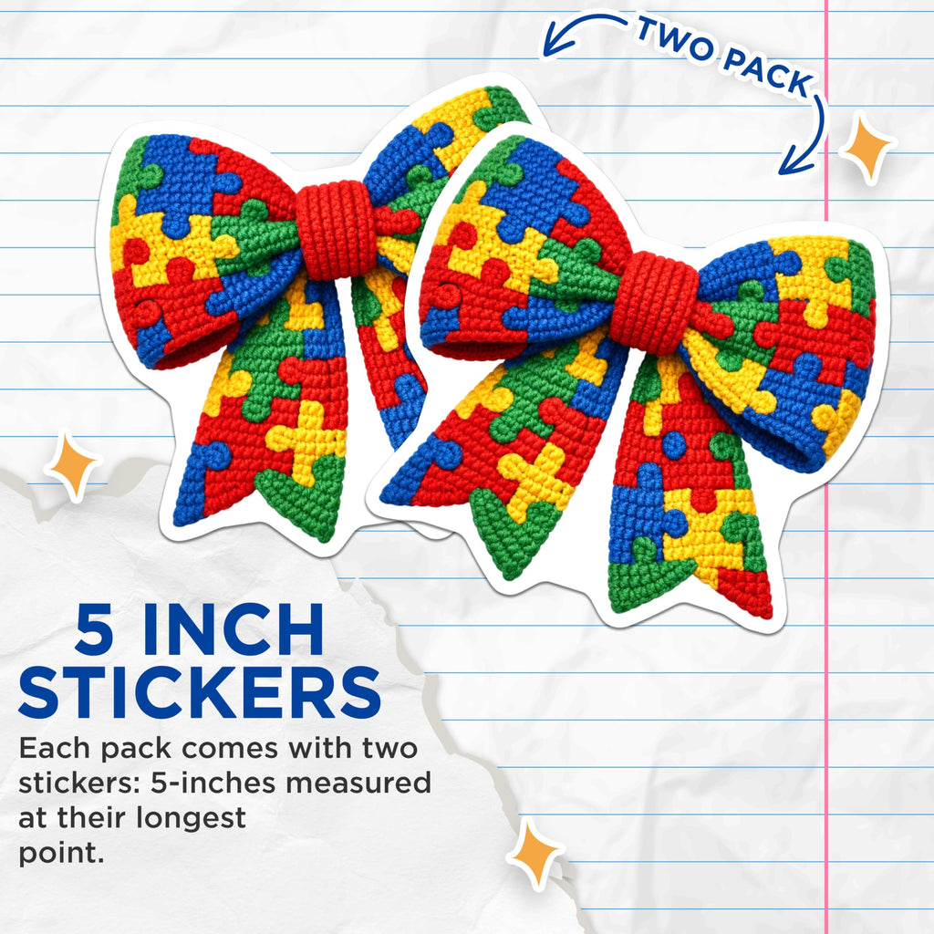 (2 Pack) Autism Puzzle Bow Stickers - Neurodiversity Support - Awareness Ribbon Design - 5" On Longest Side - Sticks to Smooth Flat Surfaces - Made in USA - BMCS20684