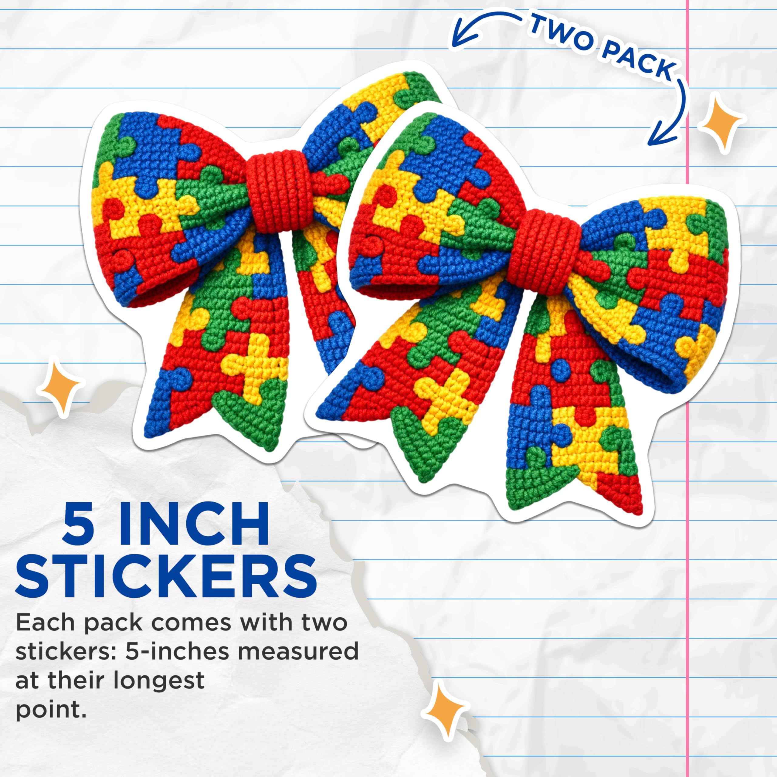 (2 Pack) Autism Puzzle Bow Stickers - Neurodiversity Support - Awareness Ribbon Design - 5" On Longest Side - Sticks to Smooth Flat Surfaces - Made in USA - BMCS20684