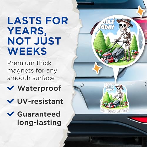 (2 Pack) I Can't Adult Today Magnets - Skeleton Yard Work - Funny Skeleton - Garden Humor Decor - 5" On Longest Side - for Cars, Fridges, Toolboxes - Made in USA - MAG7457