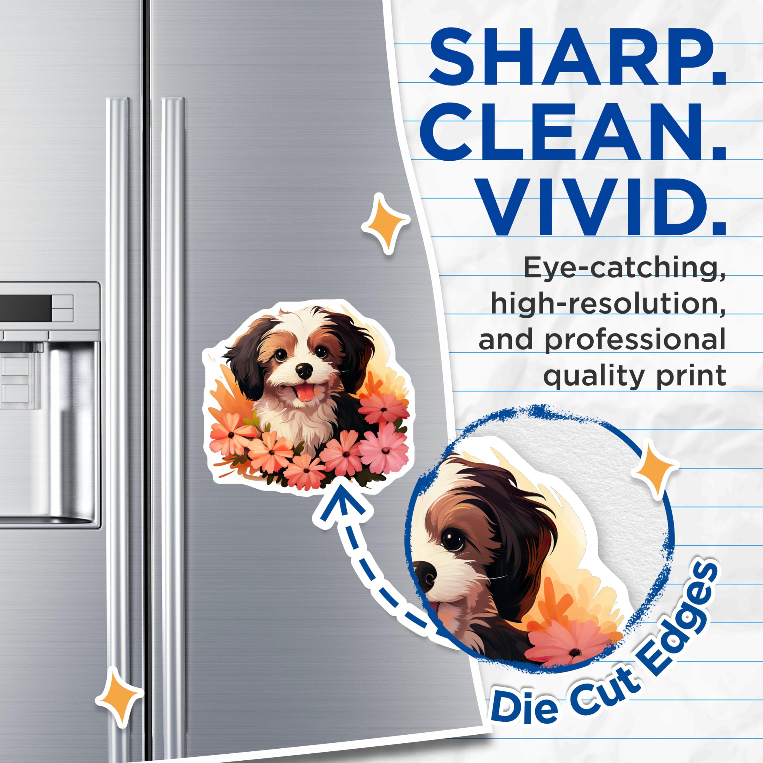 (2 Pack) Happy Puppy Magnets - Floral Dog Art - Cute Pet Lover Decor - Animal Friends Collection - Refrigerator Charm - 5 Inches On Longest Side - Thick Durable Magnet - Made in USA - MAG24490