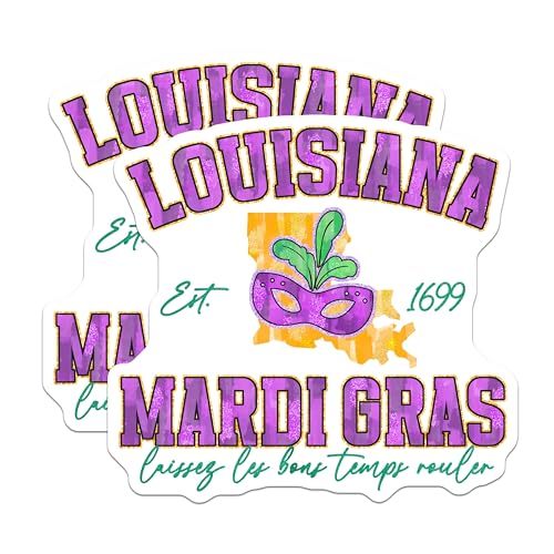 (2 Pack) Louisiana Mardi Gras Stickers - Louisiana State Mask - Mardi Gras Let The Good Times Roll - 5" On Longest Side - Sticks to Smooth Flat Surfaces - Made in USA - BMCS6385