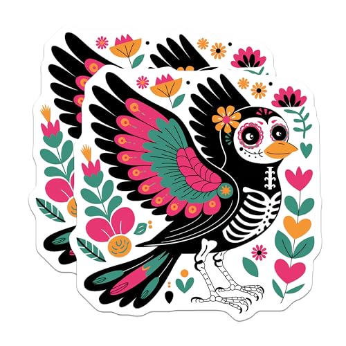 (2 Pack) Mexican Folk Art Decor Magnet - Sugar Skull Theme - Dia de Los Muertos Bird Decor - 5" On Longest Side - Sticks to Smooth Flat Surfaces - Made in USA - MAG9455