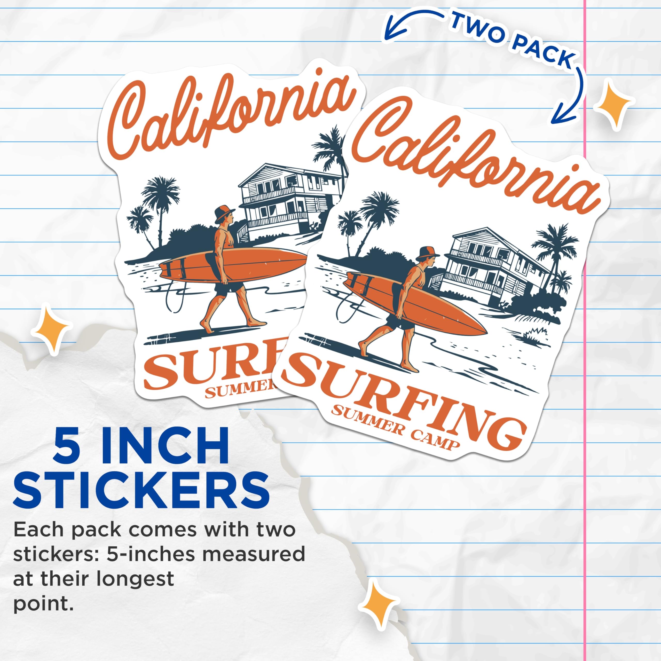 (2 Pack) Surfing Stickers - California Summer Camp - Surfboard Beach Decal - 5" On Longest Side - Sticks to Smooth Flat Surfaces - Made in USA - BMCS18246