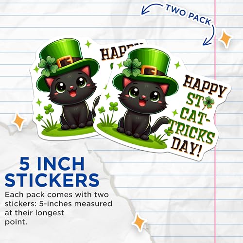 (2 Pack) Happy St Cat-Tricks Day Stickers - Cute Black Cat - St. Patrick's Day - 5" On Longest Side - Sticks to Smooth Flat Surfaces - Made in USA - BMCS8099