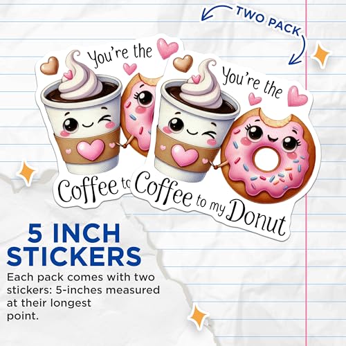 (2 Pack) You're The Coffee to My Donut Stickers - Cute Coffee and Donut Stickers - Adorable Couple Stickers - 5" On Longest Side - Sticks to Any Smooth Flat Surface - Made in USA - BMCS3395