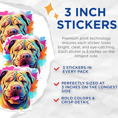 (3 Pack) Shar Pei Dog Decals - Colorful Dog Stickers - Laptop Decals - 3 Inches On Longest Side - Easy Peel & Apply - Made in USA - 3MCS0700