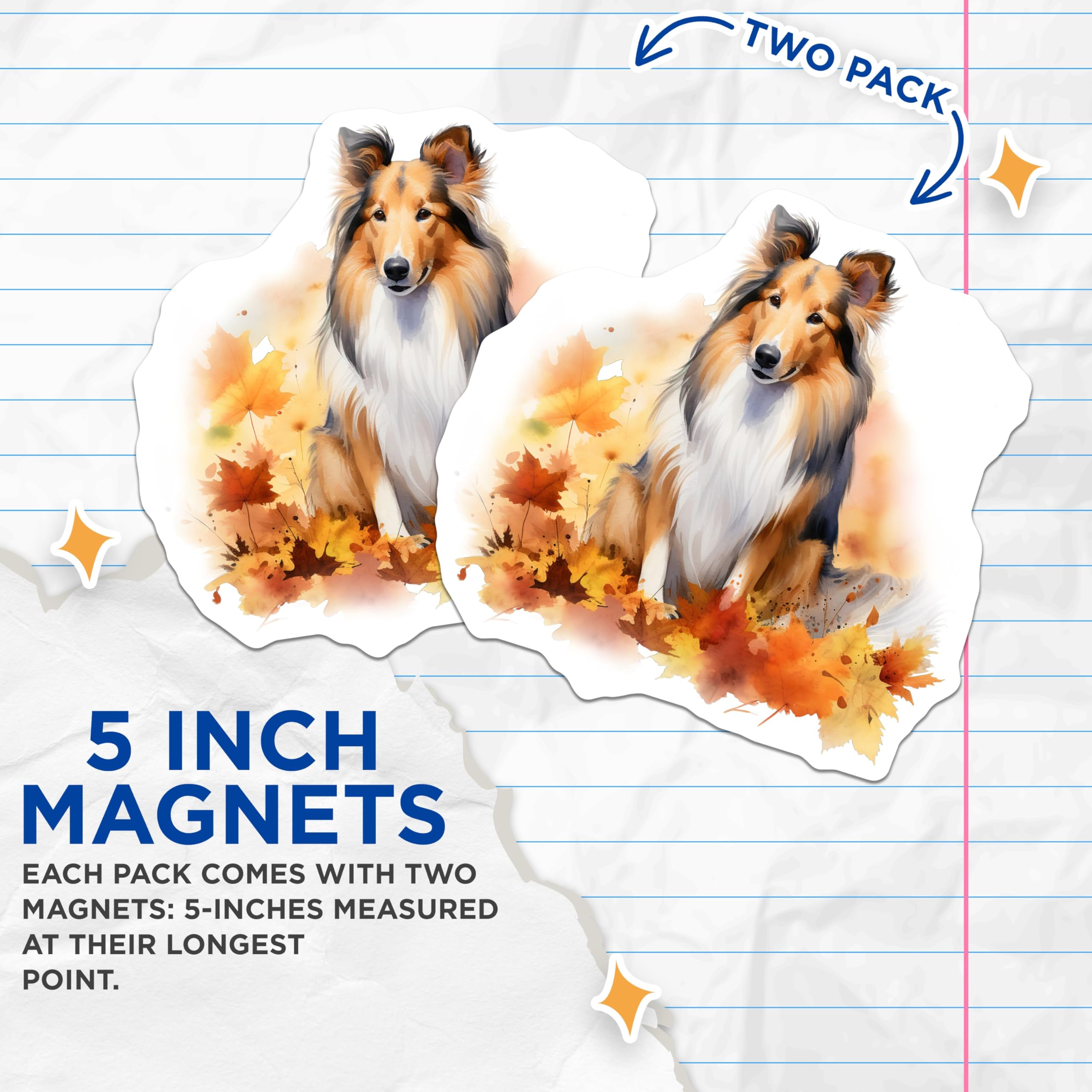 (2 Pack) Shetland Sheepdog Magnets - Autumn Leaves Dog Art - Sheltie Owner Decor - 5 Inches On Longest Side - Thick Durable Magnet - Made in USA - MAG30101