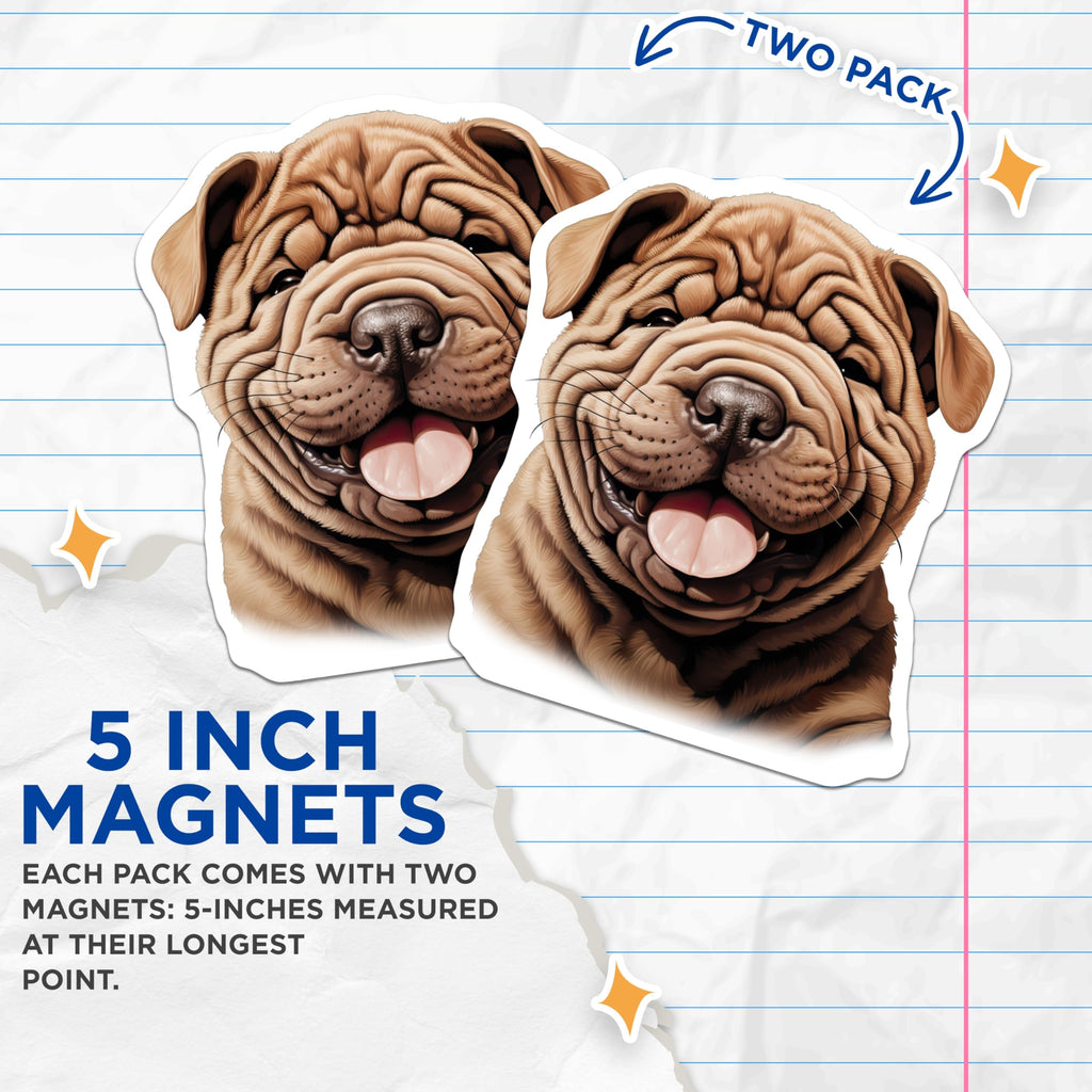 (2 Pack) Shar Pei Dog Magnets - Cute Wrinkly Puppy Face - Pet Lover Animal Decor - Dog Mom Fridge Accent - 5 Inches On Longest Side - Thick Durable Magnet - Made in USA - MAG27132