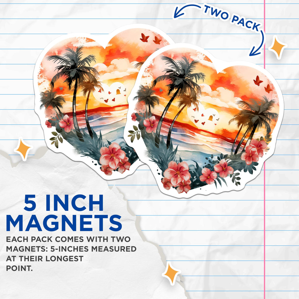 (2 Pack) Tropical Sunset Magnets - Heart Shaped Ocean Art - Palm Tree Beach Watercolor Scene - Romantic Island Decor - 5 Inches On Longest Side - Thick Durable Magnet - Made in USA - MAG19729