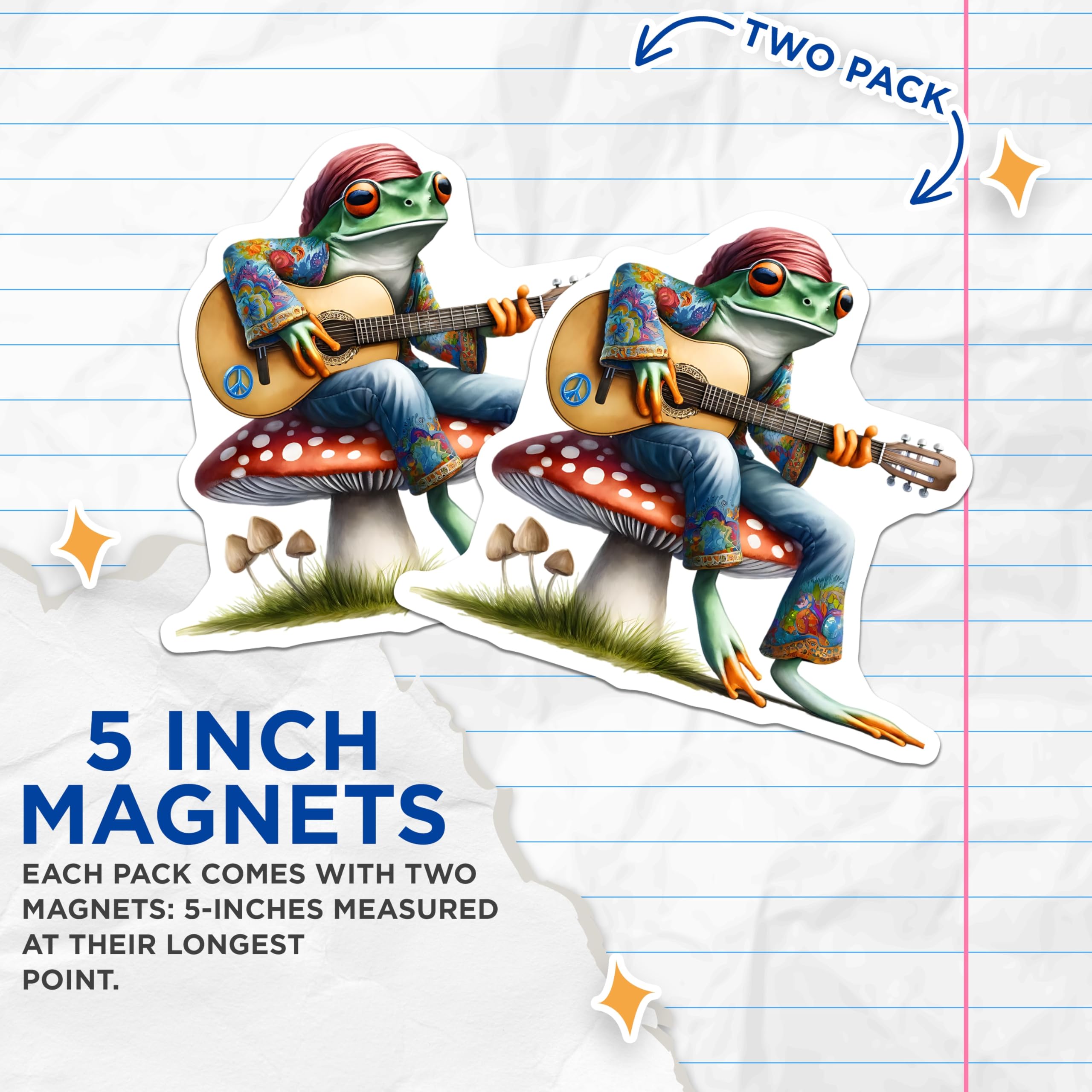 (2 Pack) Frog Magnets - Guitar Playing Hippie - Toad Decor Magnet - 5" On Longest Side - Premium Magnet - for Cars, Refrigerators, Toolboxes, Lockers - Made in USA - MAG16494