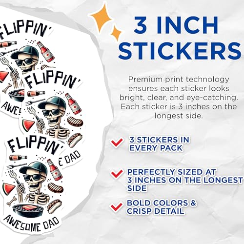 (3 Pack) Flippin' Awesome Dad Decals - BBQ Skeleton - Funny Grill Master Decal - 3 Inches On Longest Side - Easy Peel & Apply - Made in USA - 3MCS6232