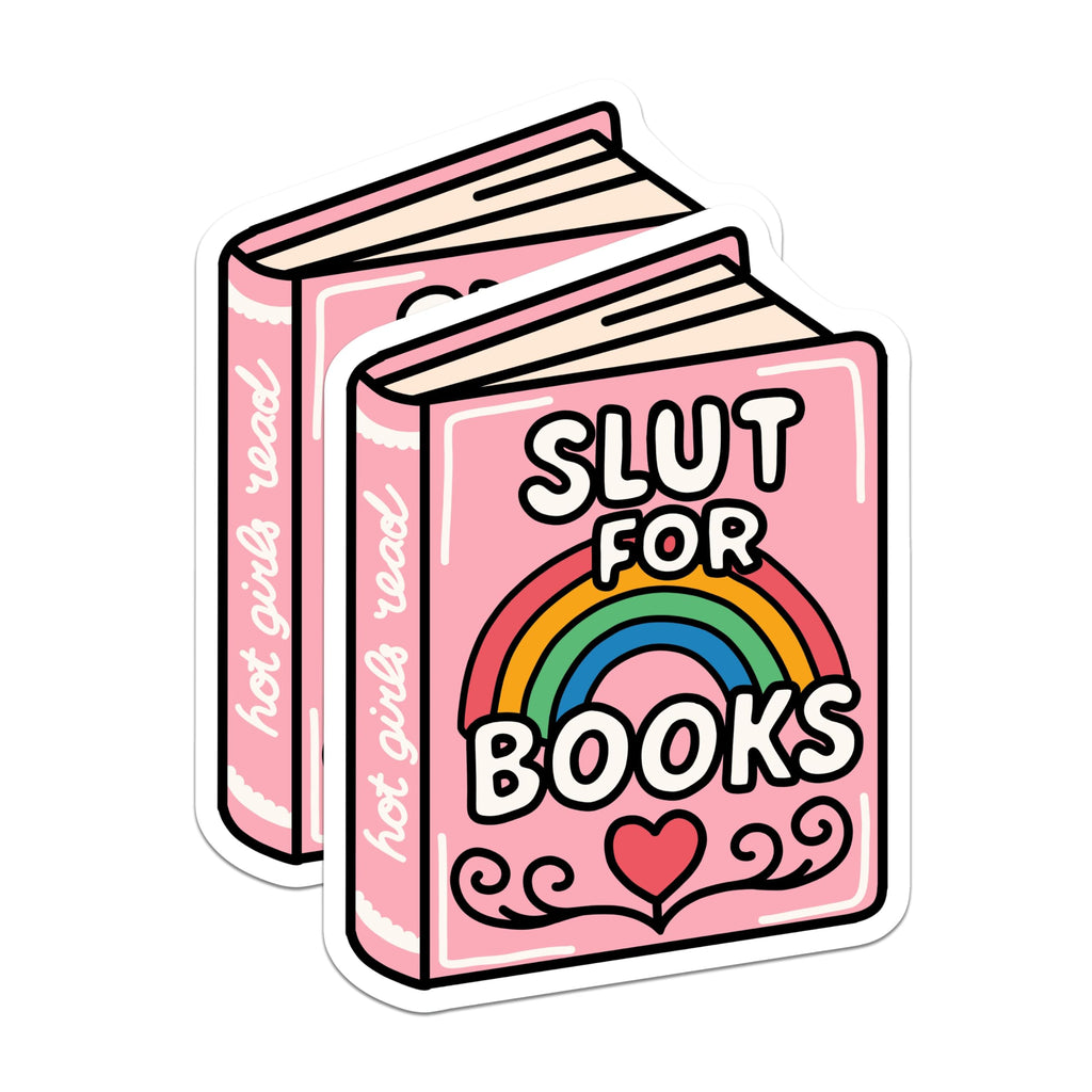 (2 Pack) Slut for Books Stickers - Funny Book Lover - Rainbow Heart Stickers 5" On Longest Side - Sticks to Smooth Flat Surfaces - Made in USA - BMCS12402
