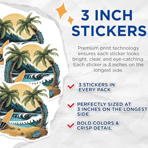 (3 Pack) Surfboard Beach Decals - Palm Tree Decals - Ocean Wave Stickers - 3 Inches On Longest Side - Easy Peel & Apply - Made in USA - 3MCS8023