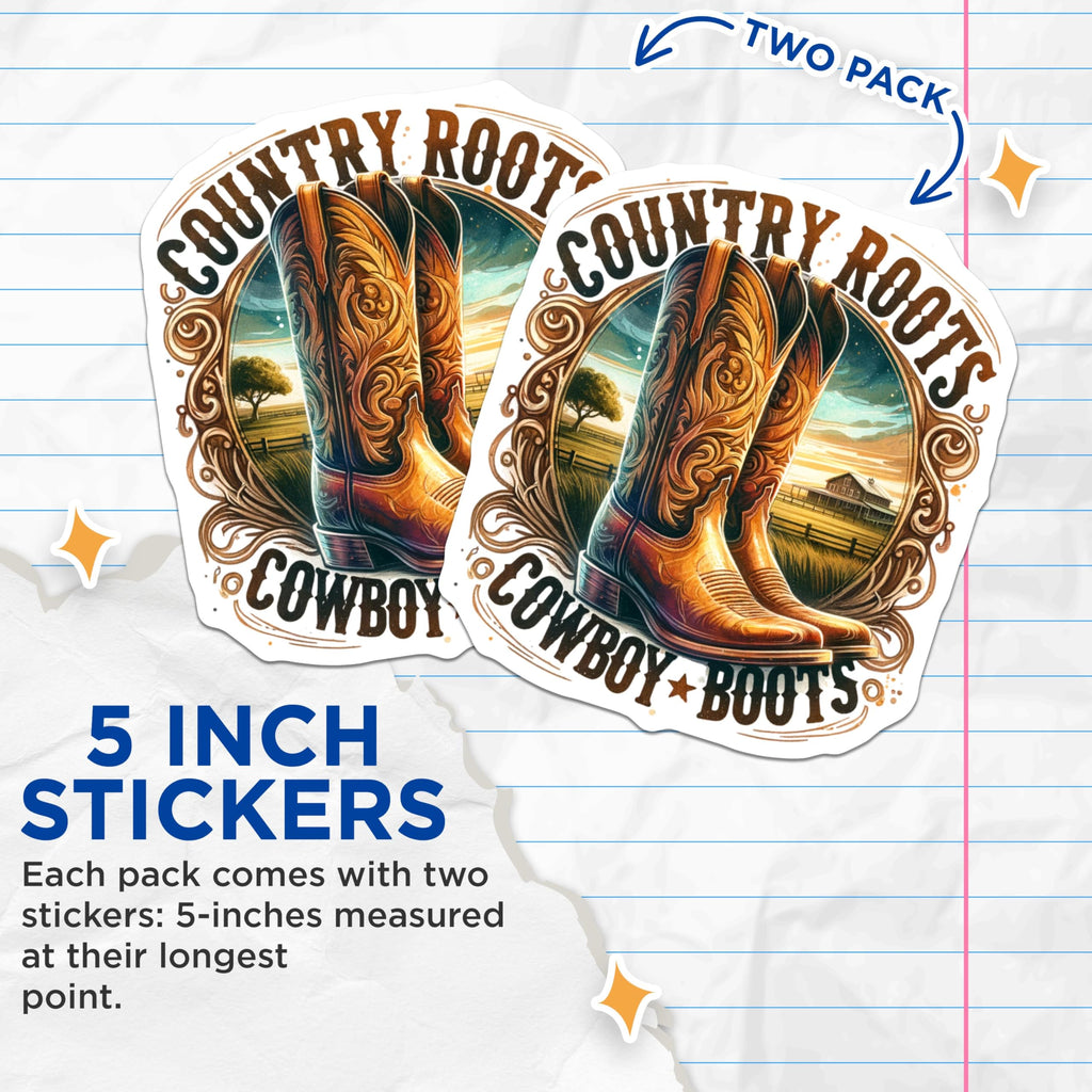 (2 Pack) Country Roots Stickers - Cowboy Boots - Western Ranch - 5" On Longest Side - Sticks to Smooth Flat Surfaces - Made in USA - BMCS6809
