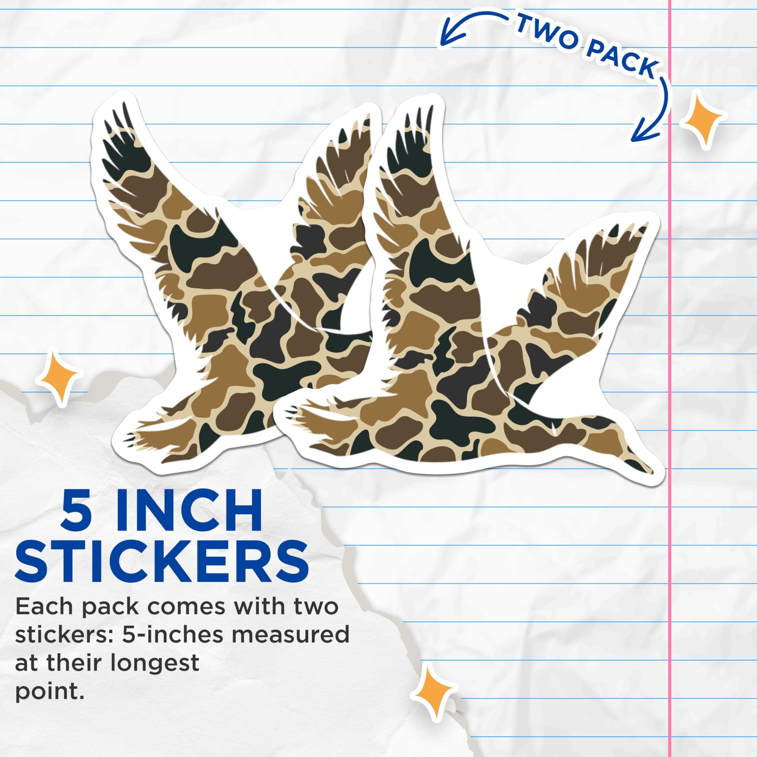 (2 Pack) Duck Camouflage Stickers - Waterfowl Decal - Hunting Gear Decoration - 5" On Longest Side - Sticks to Smooth Flat Surfaces - Made in USA - BMCS6042
