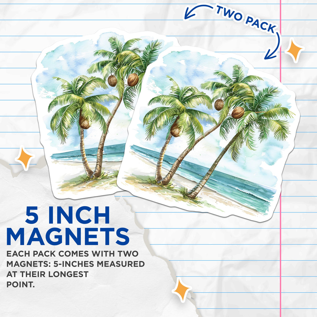 (2 Pack) Palm Tree Beach Magnets - Tropical Ocean Scene - Coastal Decor - 5 Inches On Longest Side - Thick Durable Magnet - Made in USA - MAG38906