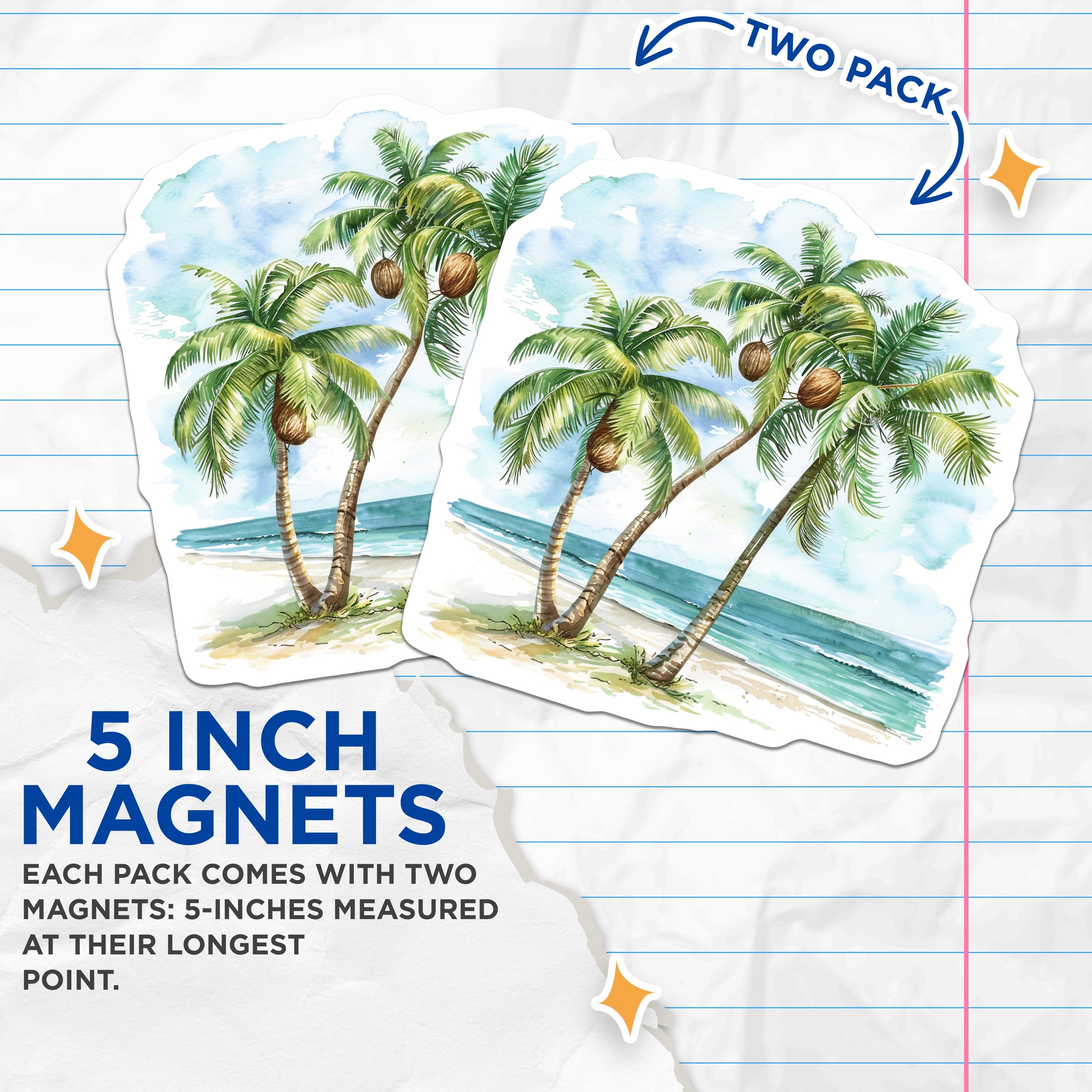 (2 Pack) Palm Tree Beach Magnets - Tropical Ocean Scene - Coastal Decor - 5 Inches On Longest Side - Thick Durable Magnet - Made in USA - MAG38906