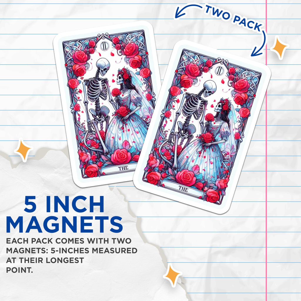 (2 Pack) Skeleton Couple Magnets - Gothic Romance Tarot Card Art - Undying Love Home Decor - 5 Inches On Longest Side - Thick Durable Magnet - Made in USA - MAG21494