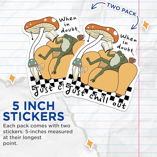(2 Pack) Funny Frog Stickers - Just Chill Out - Mushroom Art - Relaxing Frog Sticker for Laptops and Water Bottles - 5" On Longest Side - Sticks to Smooth Flat Surfaces - Made in USA - BMCS7211