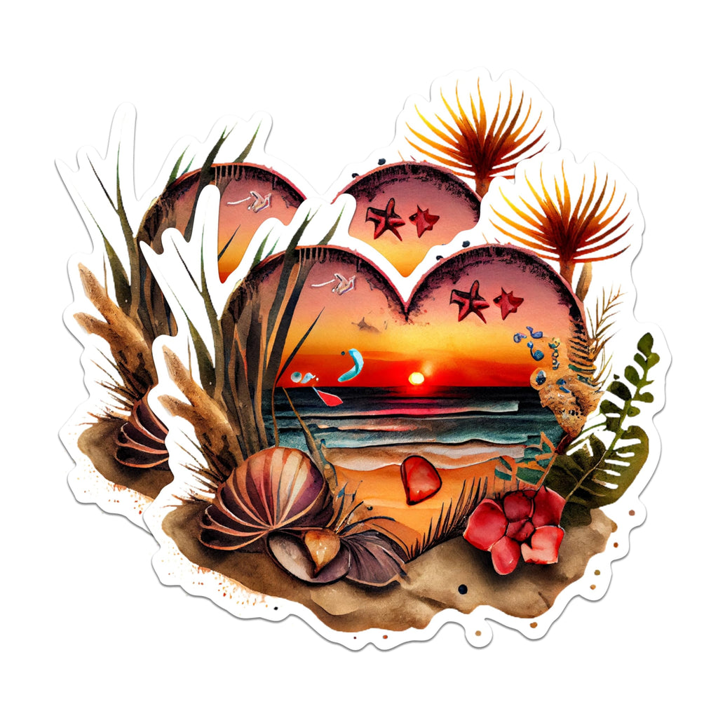 (2 Pack) Heart Beach Sunset Stickers - Ocean Scene Art Stickers - Tropical Coastal Nature Stickers - 5" On Longest Side - Sticks to Any Smooth Flat Surface - Made in USA - BMCS2852