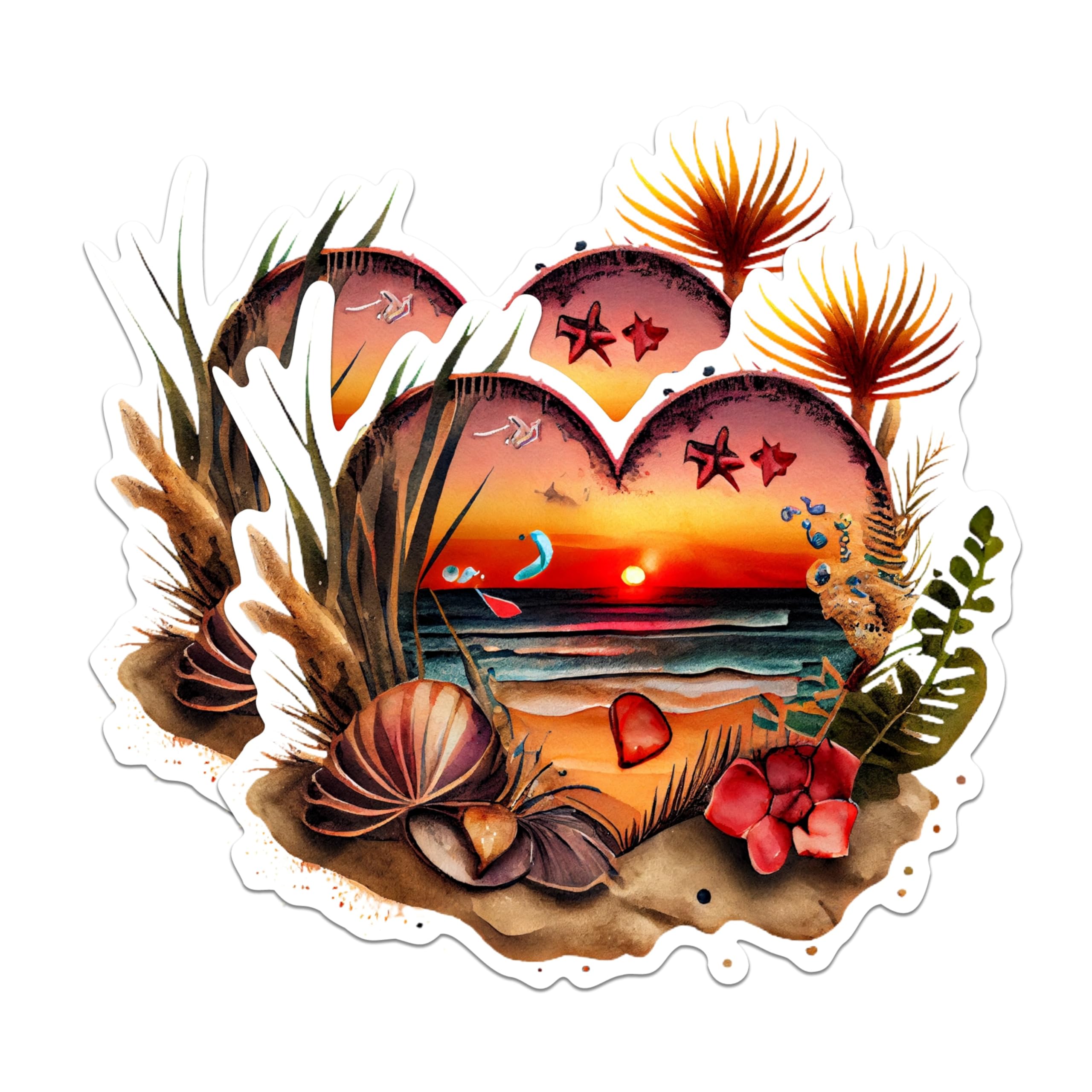 (2 Pack) Heart Beach Sunset Stickers - Ocean Scene Art Stickers - Tropical Coastal Nature Stickers - 5" On Longest Side - Sticks to Any Smooth Flat Surface - Made in USA - BMCS2852