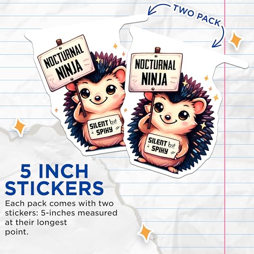 (2 Pack) Nocturnal Ninja Stickers - Silent but Spiky Stickers - Cute Hedgehog Stickers - 5" On Longest Side - Sticks to Smooth Flat Surfaces - Made in USA - BMCS3734