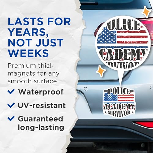 (2 Pack) Police Academy Survivor Magnets Magnets - Law Enforcement Graduate Keepsake - 5" On Longest Side - Made in USA - Sticks to Refrigerators & Metal Surfaces - MAG9151