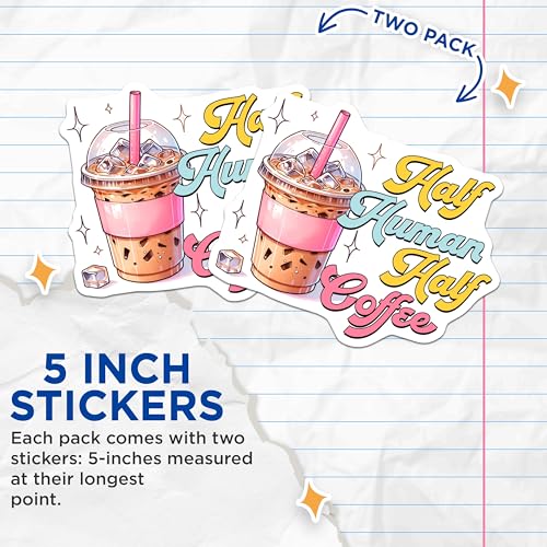 (2 Pack) Half Human Half Coffee Stickers - Cute Coffee Lover - Fun Kawaii Coffee Cup - 5" On Longest Side - Sticks to Smooth Flat Surfaces - Made in USA - BMCS7525