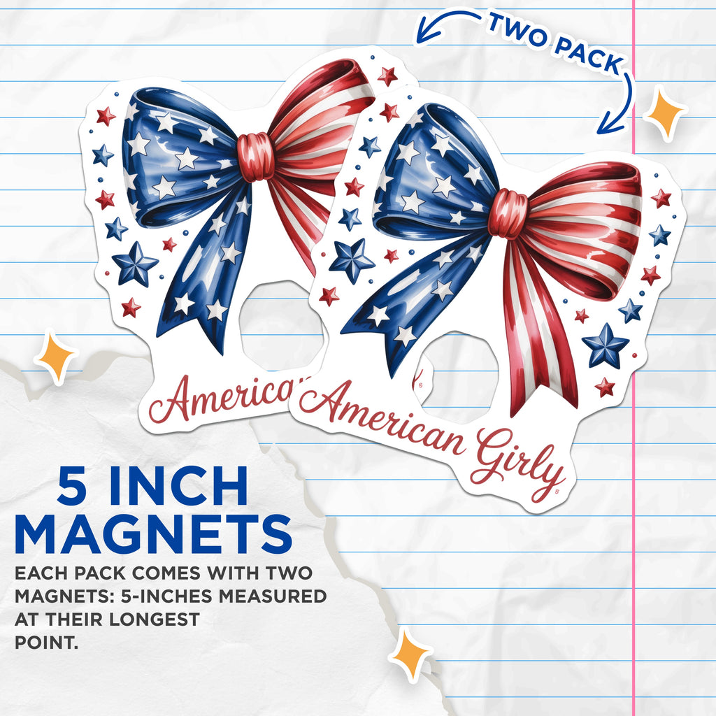 (2 Pack) American Girly Magnets - Patriotic Bow Stars Stripes - Fourth of July Decor - Memorial Day Accents - 5 Inches On Longest Side - Thick Durable Magnet - Made in USA - MAG37734