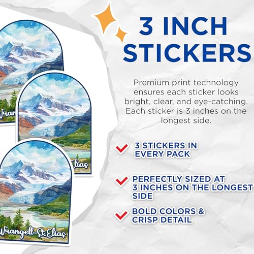 (3 Pack) Wrangell St Elias Decals - Alaskan Landscape Decal - National Park Decal - 3 Inches On Longest Side - Easy Peel & Apply - Made in USA - 3MCS0427