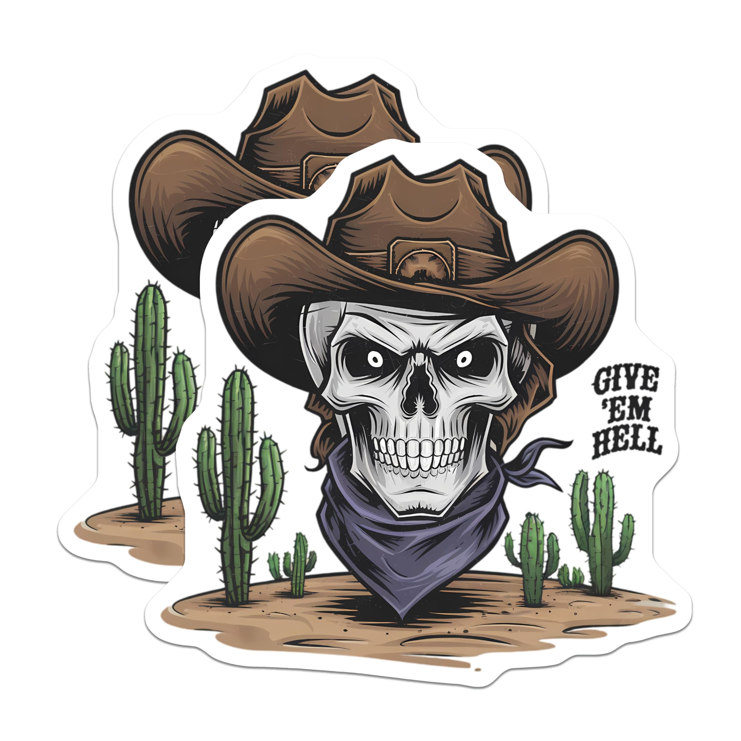 (2 Pack) Cowboy Skull Magnets - Western Desert Decor - Cacti Skull Art - Rebel Attitude Decor - Give Em Hell Slogan - 5 Inches On Longest Side - Thick Durable Magnet - Made in USA - MAG21021