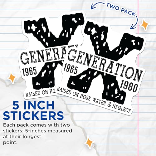 (2 Pack) Generation X Stickers - Raised on Hose Water Stickers - Nostalgic 1965 to 1980 Stickers - 5" On Longest Side - Sticks to Any Smooth Flat Surface - Made in USA - BMCS3105