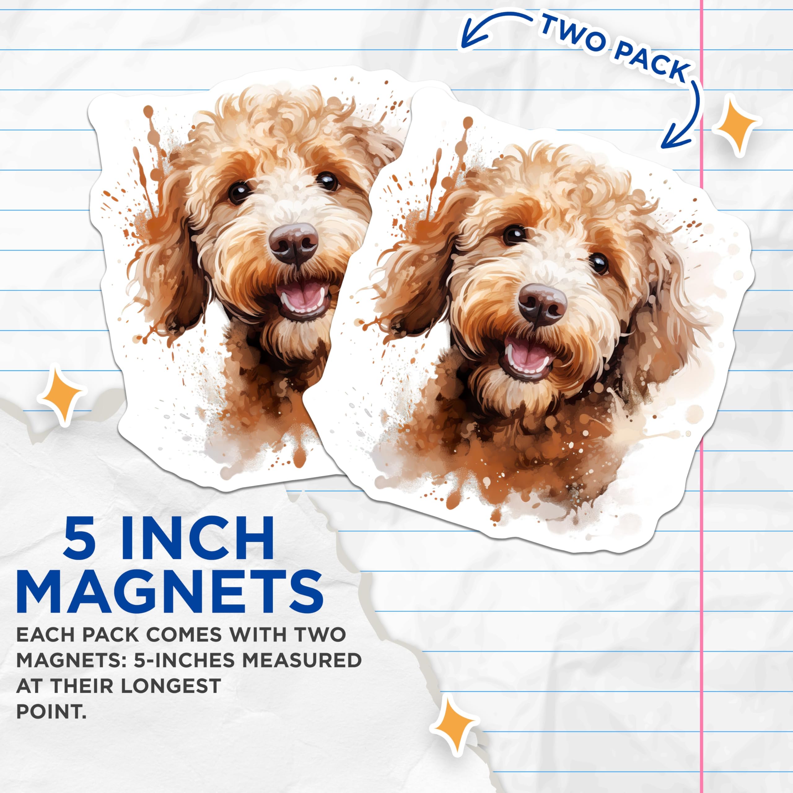 (2 Pack) Goldendoodle Magnets - Watercolor Dog Art - Happy Doodle Dog Lover Decor - Pet Mom Fridge Locker Magnet - 5 Inches On Longest Side - Thick Durable Magnet - Made in USA - MAG26504
