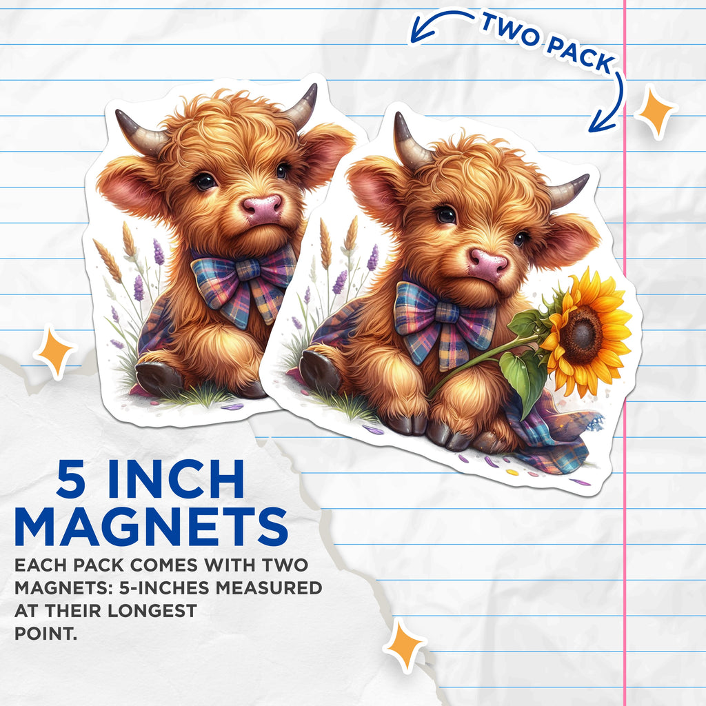 (2 Pack) Highland Cow Magnets - Baby Calf Kitchen Decor - Farm Animal Art - 5 Inches On Longest Side - Thick Durable Magnet - Made in USA - MAG37152