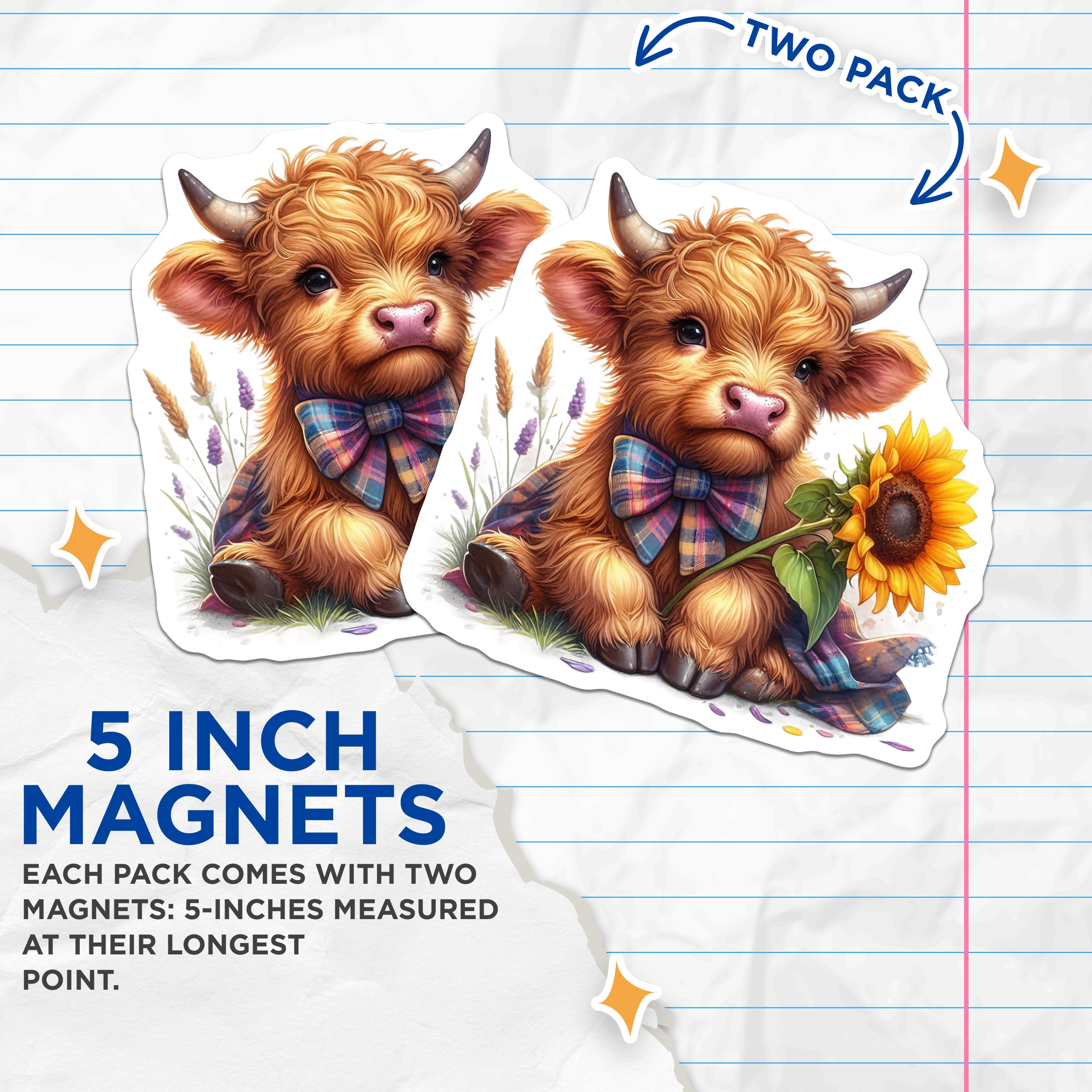 (2 Pack) Highland Cow Magnets - Baby Calf Kitchen Decor - Farm Animal Art - 5 Inches On Longest Side - Thick Durable Magnet - Made in USA - MAG37152