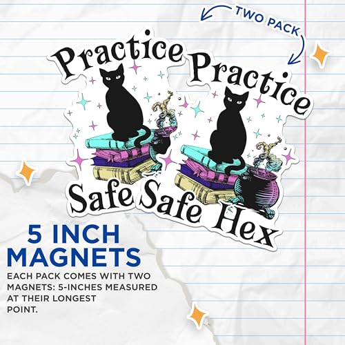 (2 Packs) Practice Safe Hex Magnets - Funny Witchy Vibes Black Cat Magnets - 5 Inches On Longest Side - Premium Magnet - for Fridges, Toolboxes, Cars - Made in USA - MAG2514