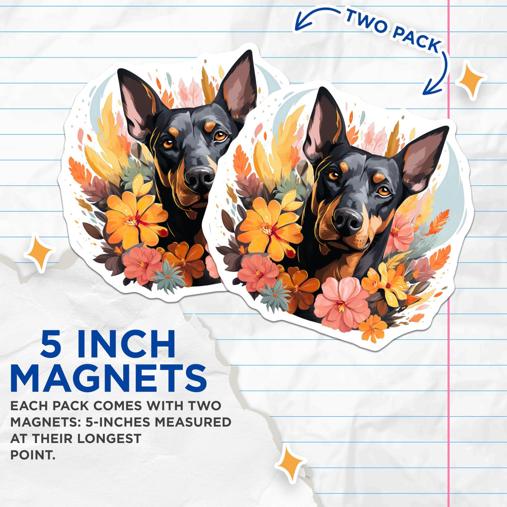 (2 Pack) Doberman Pinscher Magnets - Floral Dog Art - Pet Mom Decor - Animal Lover Accessory - 5 Inches On Longest Side - Thick Durable Magnet - Made in USA - MAG28180