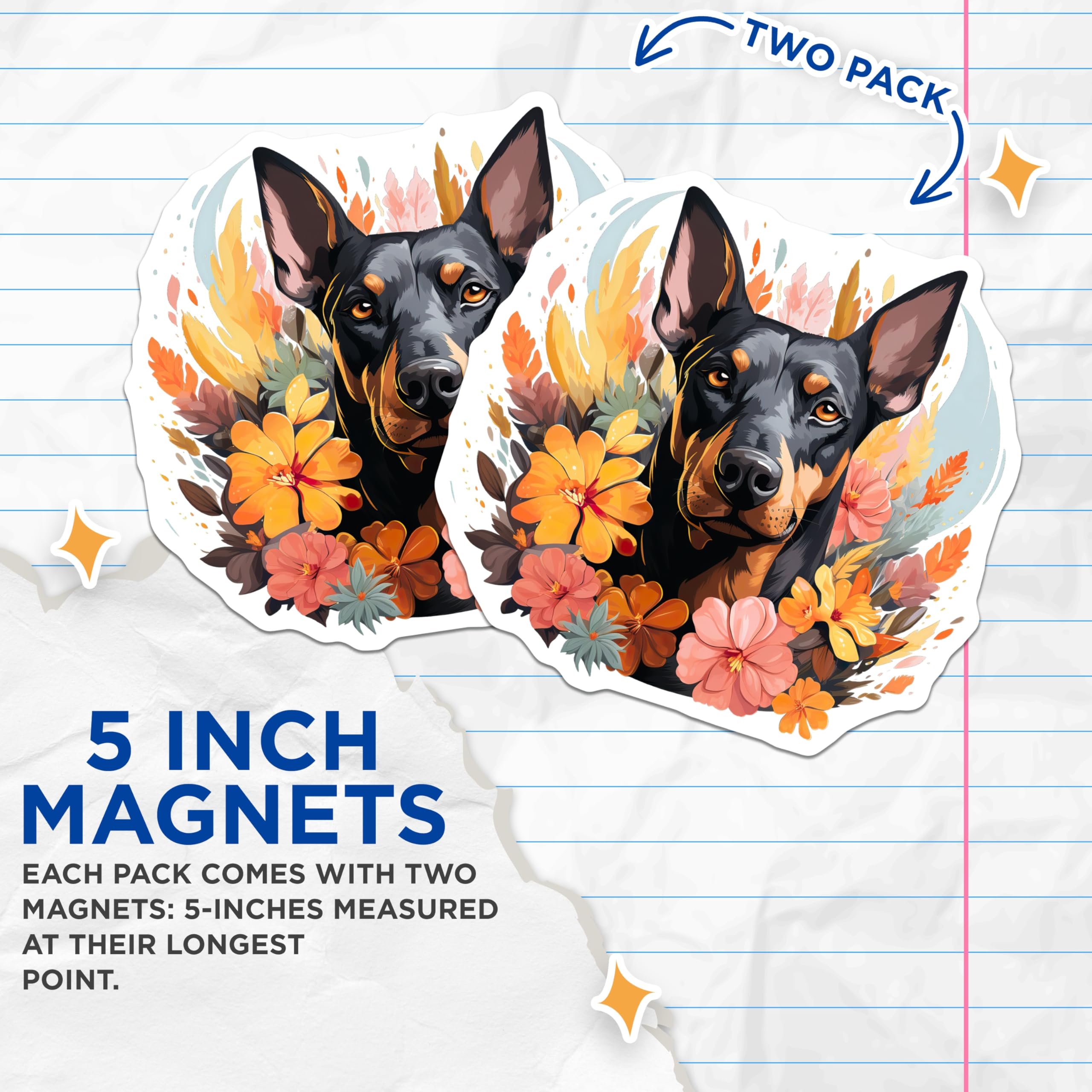 (2 Pack) Doberman Pinscher Magnets - Floral Dog Art - Pet Mom Decor - Animal Lover Accessory - 5 Inches On Longest Side - Thick Durable Magnet - Made in USA - MAG28180