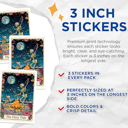 (3 Pack) Fiery Tide Decals - Skeleton Beach Party - Moonlit Bonfire Laptop Decals - 3 Inches On Longest Side - Easy Peel & Apply - Made in USA - 3MCS0022