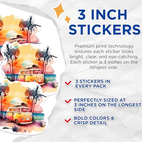(3 Pack) Surf Van Decals - Watercolor Beach Van - Retro Van Stickers - 3 Inches On Longest Side - Easy Peel & Apply - Made in USA - 3MCS1191