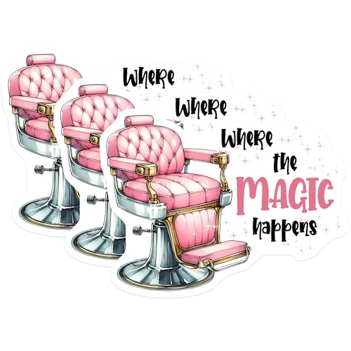 (3 Pack) Salon Chair Decals - Barber Shop Decor - Magic Happens Decal - 3 Inches On Longest Side - Easy Peel & Apply - Made in USA - 3MCS6343