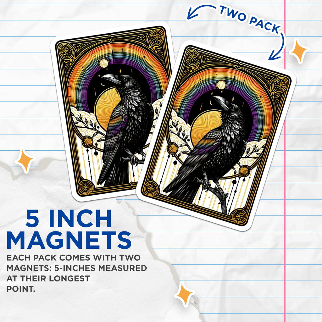 (2 Pack) Raven Magnets - Rainbow Crow Decor - Mystical Bird Art - Aesthetic Fridge Magnet - 5 Inches On Longest Side - Thick Durable Magnet - Made in USA - MAG20372